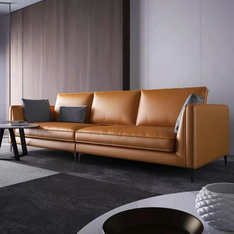 Premium First-Layer Cowhide Leather Sofa in Chestnut Brown