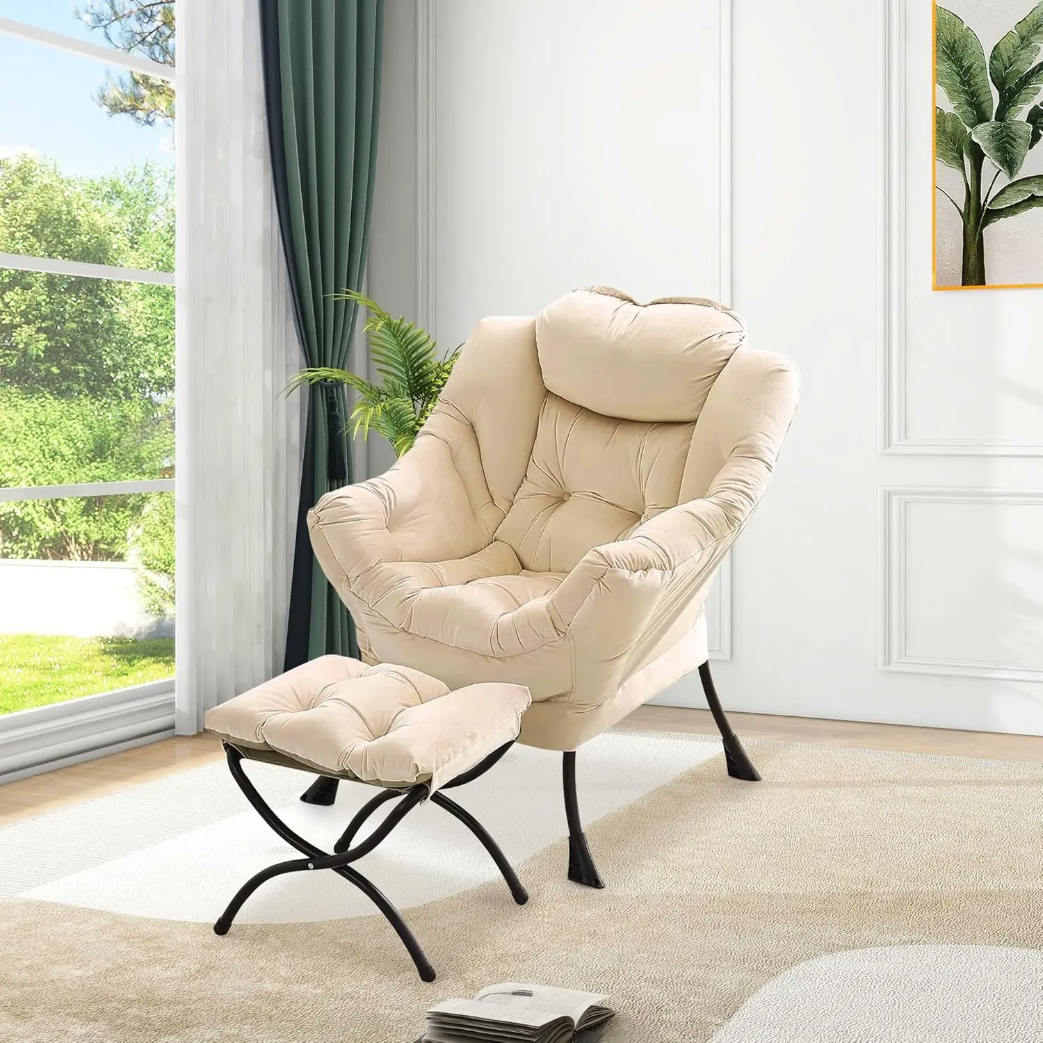 Lazy Chair with Ottoman, Large Lounge Accent Chair, Comfy Armchair with Folding Footrest,Reading Armchair Side Pocket fo