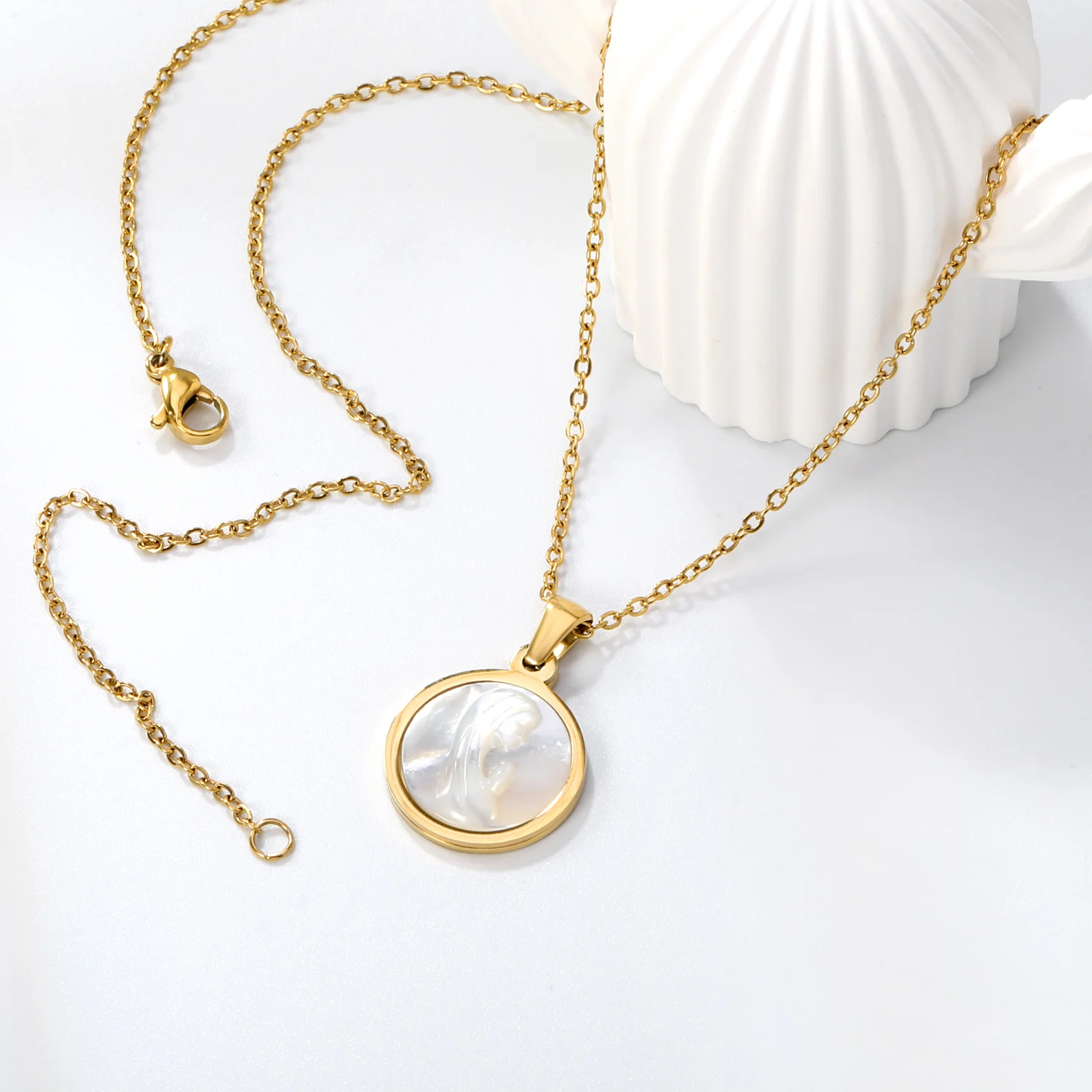 LUXUKISSKIDS Round Pattern Imitation Pearl Engrave Prayer Girls Pendant Necklace Religious Trendy Carve White Shell Choker Colar 1 LUXUKISSKIDS Round Pattern Imitation Pearl Engrave Prayer Girls Pendant Necklace Religious Trendy Carve White Shell Choker Colar