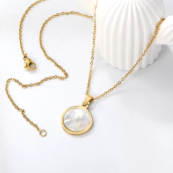 LUXUKISSKIDS Round Pattern Imitation Pearl Engrave Prayer Girls Pendant Necklace Religious Trendy Carve White Shell Choker Colar