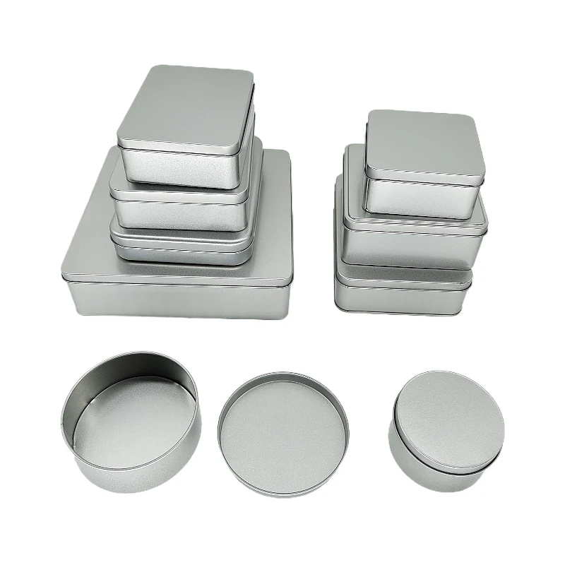 5Pcs 정사각형 직사각형 라운드 서리로 덥은 실버 상단 및 하단 뚜껑 철 상자 동전 보석 Tinplate 저장 상자 작은 금속 상자