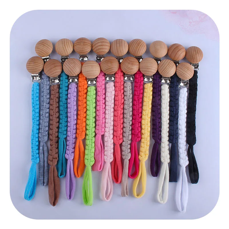 

Braided Cotton Rope Nipple Holder Baby Pacifier Clips Chain Beech Wood Clips Dummy Holder Soother Chain for Infant Kids 18Colors