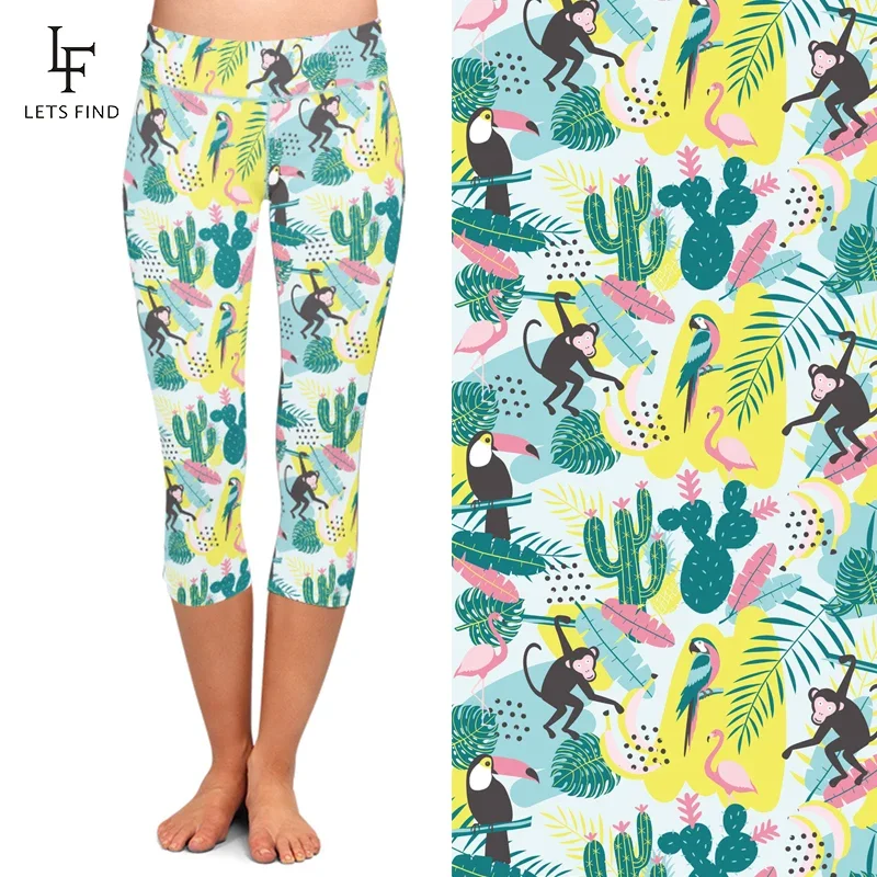 LETSFIND Women Elastic Capri Legging Animal Print Flamingos High Waist  Mid-Calf 3/4 Stretch Casual Leggings Fou Summer