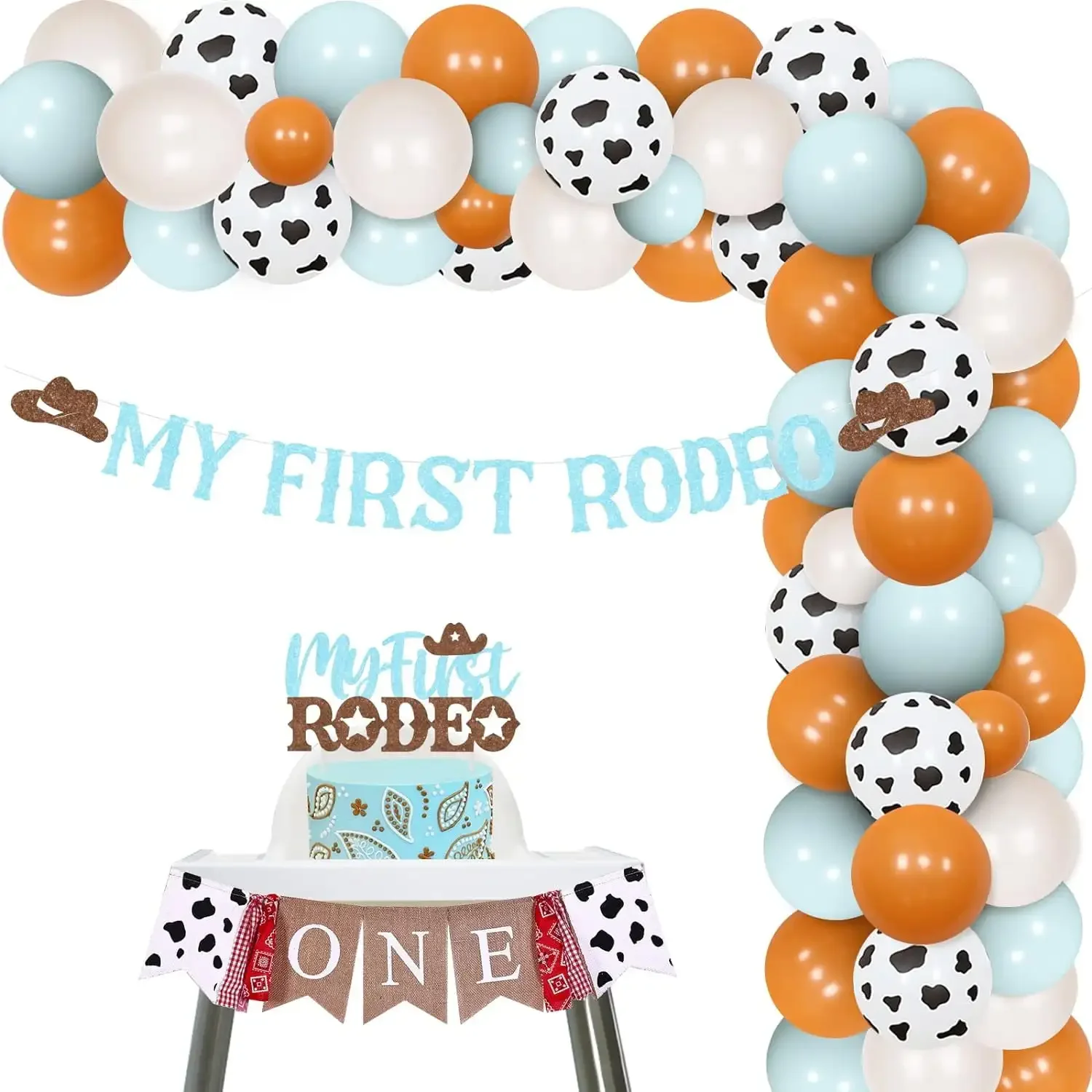 

FANGLELAND Boys 1st Birthday Decorations - Western Balloon Garland Arch Kit, Cowboy Hat Banner Cake Toppers Bady Party Supplies