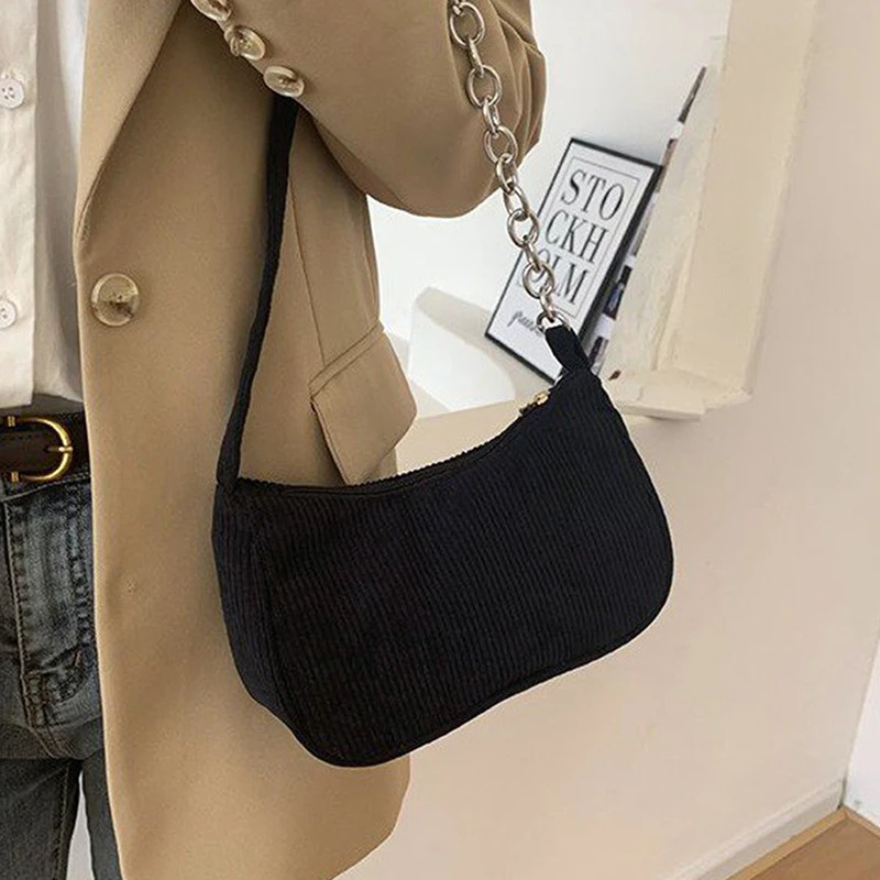 

Corduroy Underarm Bag Fashion Vintage Women's Handbags Casual Women Shoulder Bag Zipper Female Subaxillary Chain Pure Color Bag