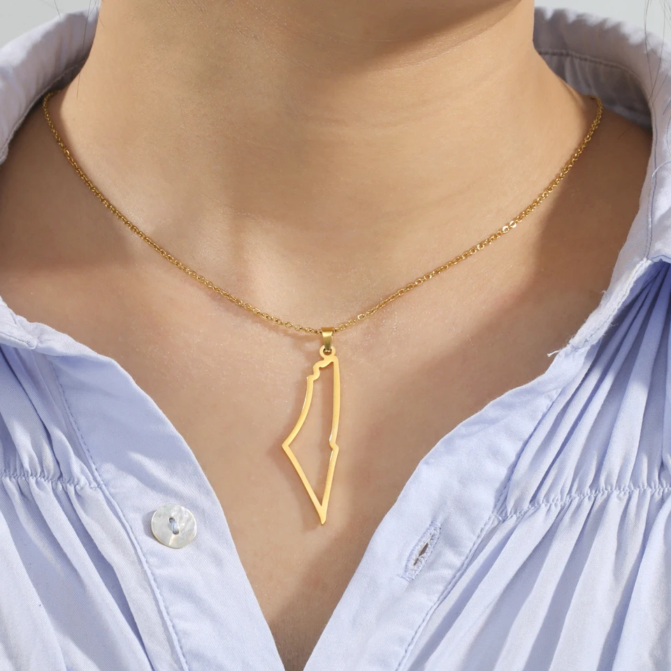 Collier carte de Palestine en acier inoxydable 316L plaqué or 18 carats, délicat