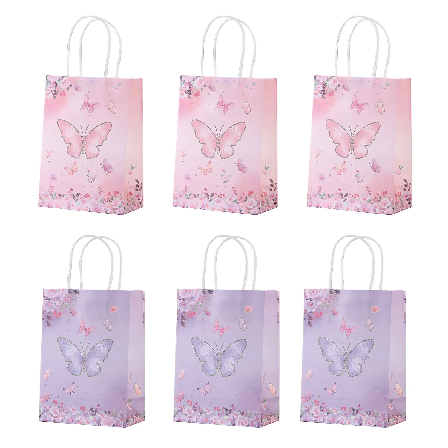 

Butterfly Party Favors Gift, Goodie Bags, Flowers Treat, Candy Paper Bags with Handles for Kids, Birthday Supplies, 6Pcs