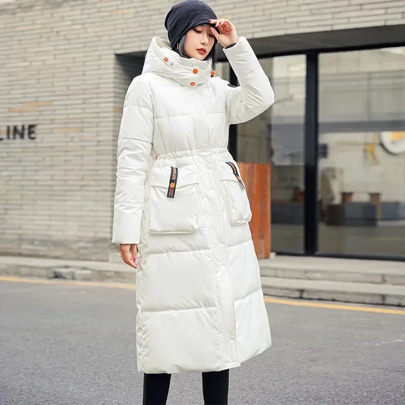 

No-wash Hooded Down Jacket Women Glossy Long Parka Waist Overcoat 2023 Winter Thicken Waterproof Puffer Coat Loose Snow Outwear