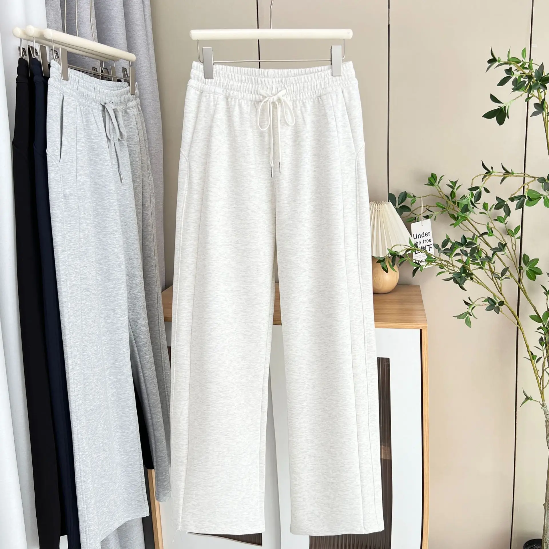 Fashion Plus Size Women's Wide Leg Pants Autumn New Style Simple Casual Drawstring Waist Full Length Trousers 8823