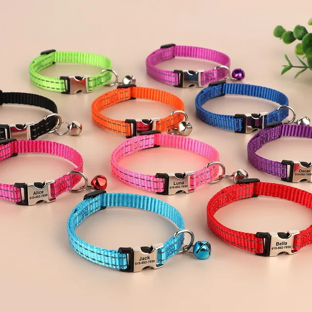 Personalized Name Cat Collar Reflective Nylon Dog Cats ID Collar With Bell Engraving Name for Small Cats Dogs Chihuahua 6 Colors 2