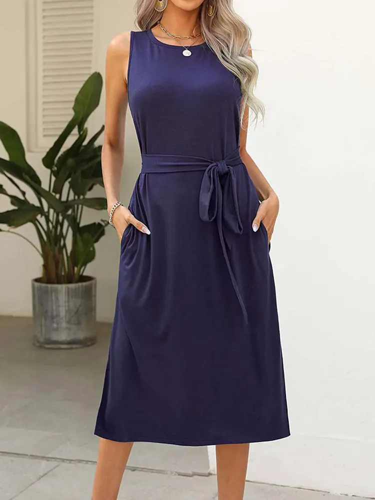 

2023 Summer Long Party Dress Women Lace-up Sleeveless Casual Loose Dress Ladies Black Pocket O Neck A Line Dress For Women