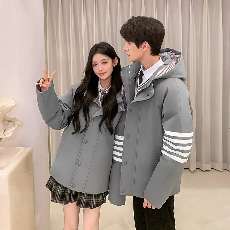 Top Grade Men's Women New Arrivals Fashion Korean TB Classic Gray Down Jackets preppy style Winter Warm Down Coat casual Parker