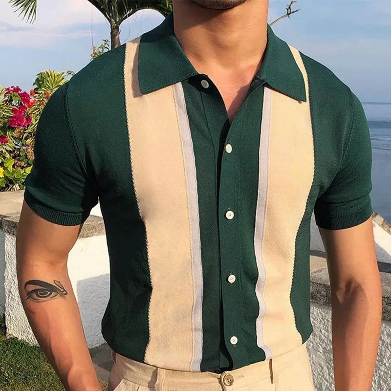 Men's summer business knit short sleeve polo shirts streetwear button-down breathable striped fashion light luxury retro shirts polo shirt
