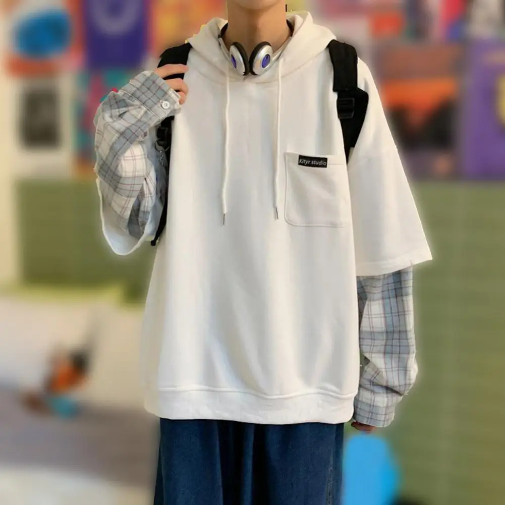 

Women Men Hoodie Fake Two Piece Loose Hooded Pullover Solid Color Warm Pockets Patch Pocket Men Autumn Hoodie for Daily Wear