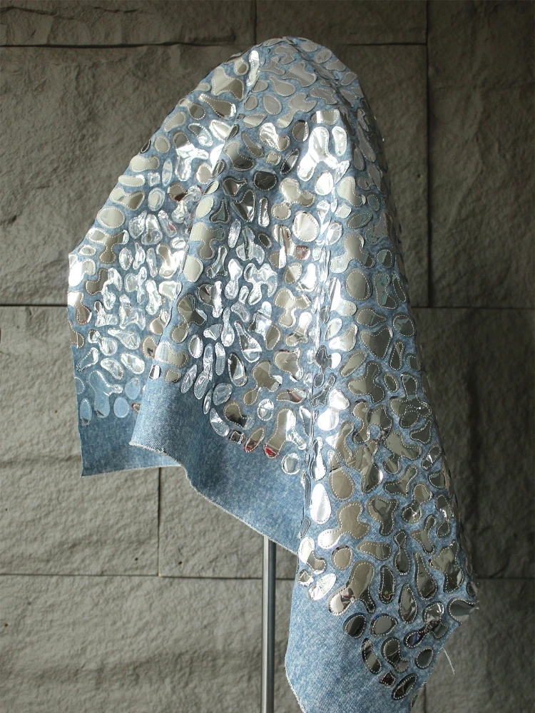 

Fabric Wide 50cmx170cm Blue Washed Denim Embroidery Geometric Glitter Sequins Stitching Dazzling DIY Coat Clothing Accessories
