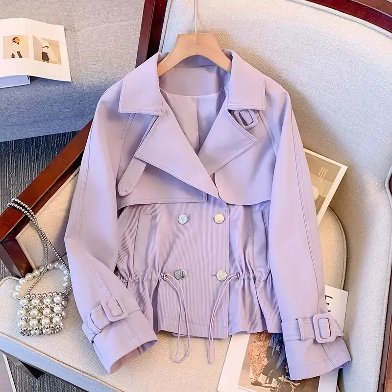 Purple Blazer Suit Collar Jacket Women's Short Waistband New Hepburn Trench Jacket For Early Spring Autumn Double-Breasted Coat