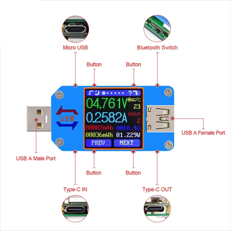 앱용 USB 2.0 C타입 LCD 전압계 전류계 전압 전류 계량기 배터리 충전 측정 케이블 저항 테스터