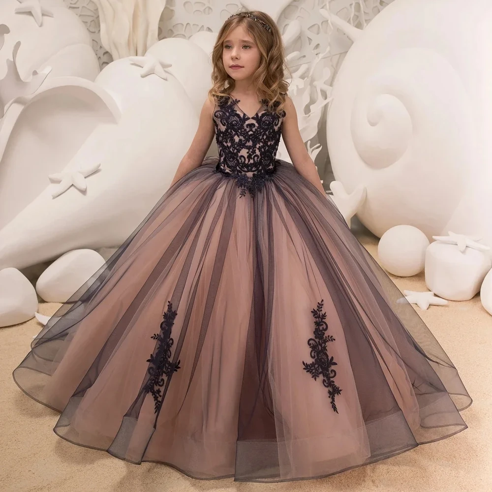 Flower Girl Dresses Black Lace Flower Girl Dresses For Party Elegant Sleeveless Tulle V Neck Girls Pageant Princess Birthday Dress