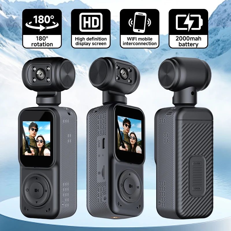 2K HD 휴대용 액션 카메라, 180 ° 회전식 렌즈가 장착된 1.5인치 화면 WiFi 스포츠 카메라, 2000mAh 배터리 탑재 야외 여행용 Vlog 카메라