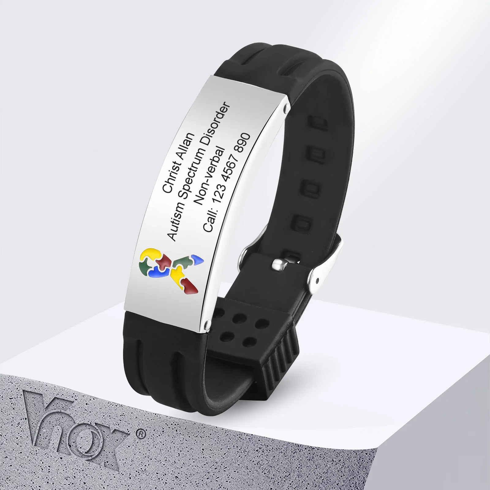 Vnox Free Customize 16mm Autism Bracelets, Adjustable Men Women Black Silicone Band Wristband, Engrave ICE Emergency Contact 16mm 20mm 25mm black metal belt buckles adjustable slide strap roller single pin buckle for diy bags clasp accessories