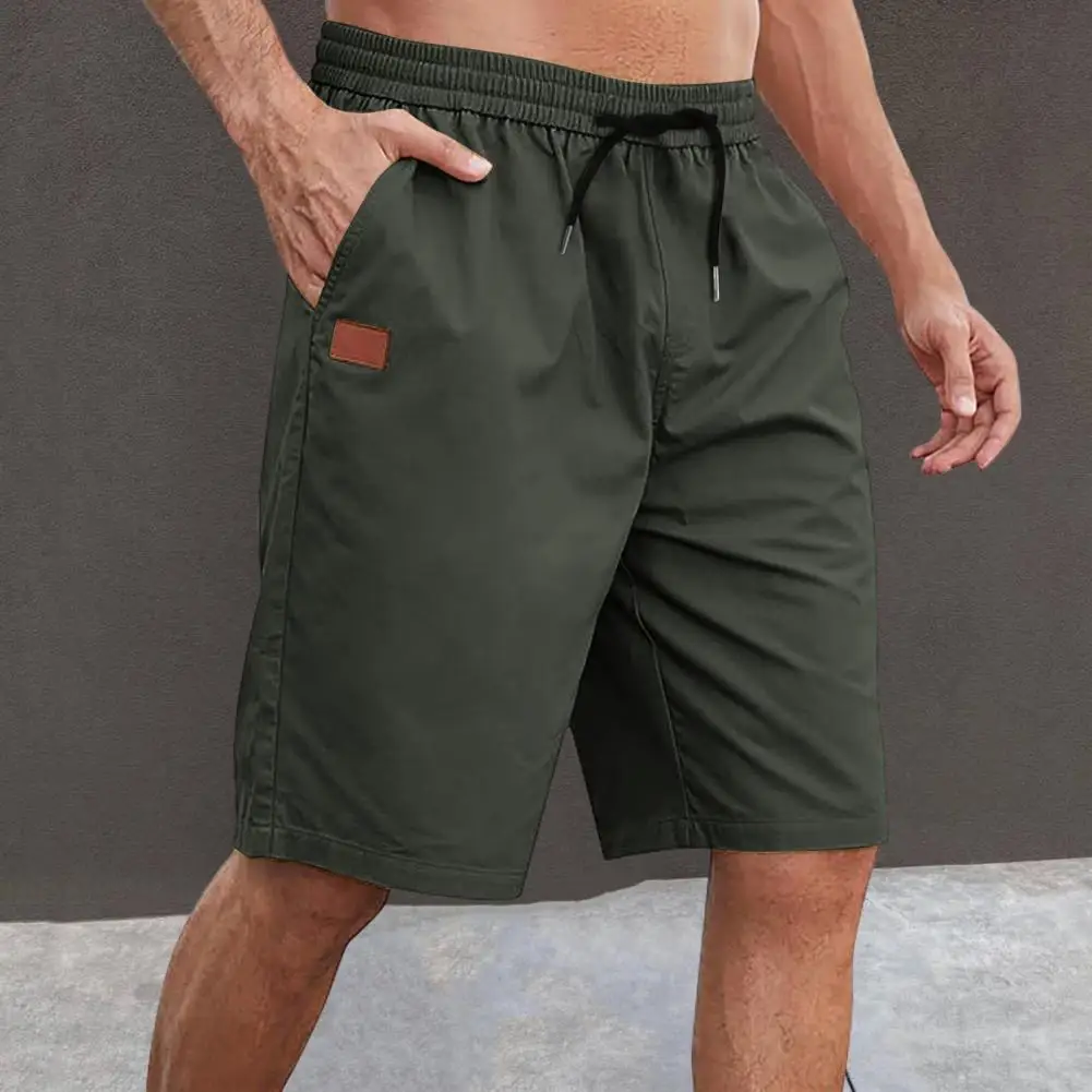 Men Shorts Elastic Waist Adjustable Drawstring Short Pants Pockets Solid Color Straight Wide Leg Cargo Shorts Male Clothes