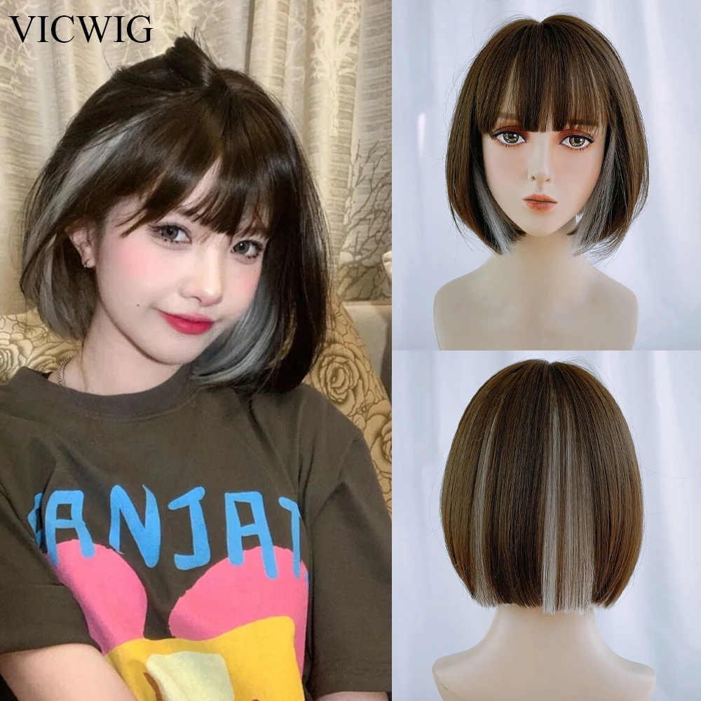 

VICWIG Brown Gray Mix Short Bob Straight Wigs with Bangs Synthetic Women Lolita Cosplay Hair Wig for Daily Party