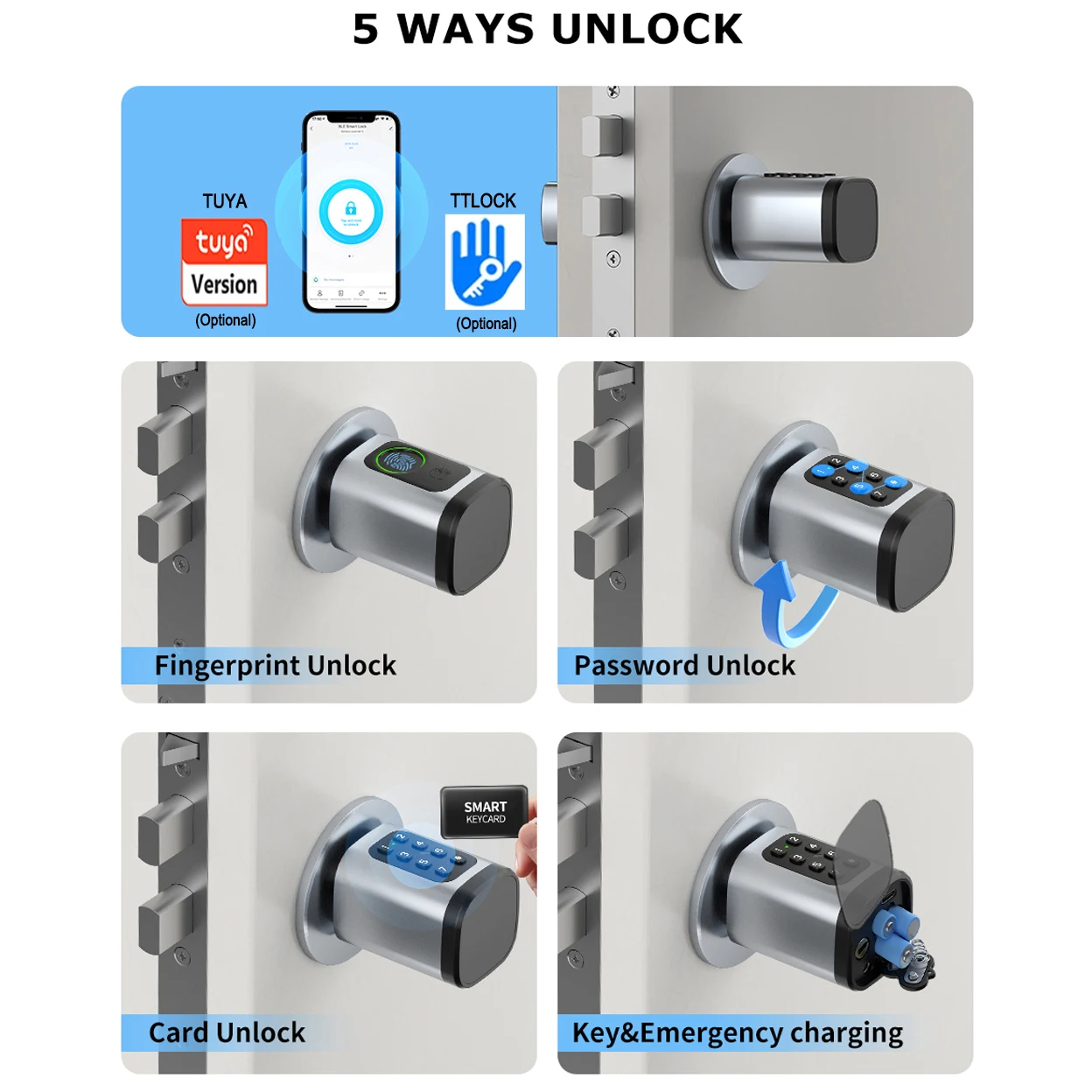 EU Cylinder Lock App Keyless Fingerprint Code IC Card Digital Keyboard Smart Doo