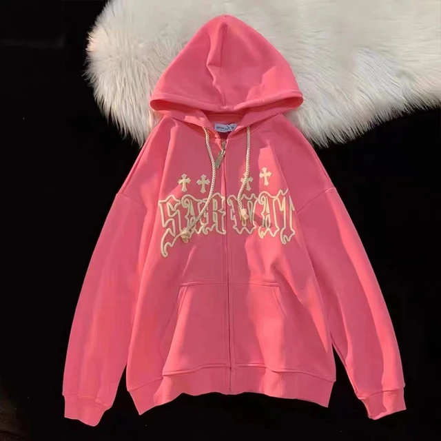 

Y2k Embroidery Hoodies Women Casual Casual Zipper Japanese Outwear Flame Korea Long Sleeve Korea Letter Cotton Outwear Fleece