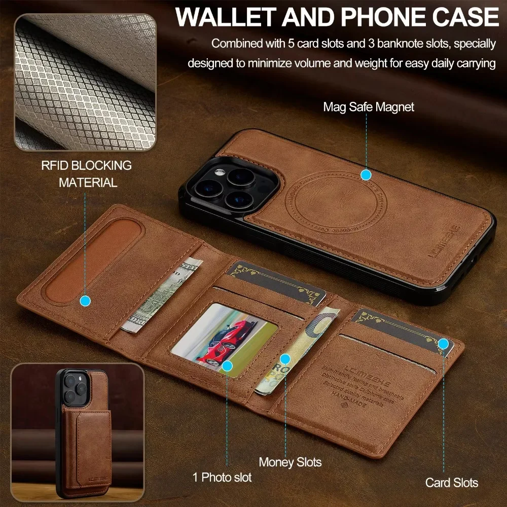 Detachable Wallet Case For iPhone 16 Pro Max 15 14 Plus 13 12 11 XS XR X 7 8 SE 2022 2020 2024 For MagSafe Cards Holder Cover