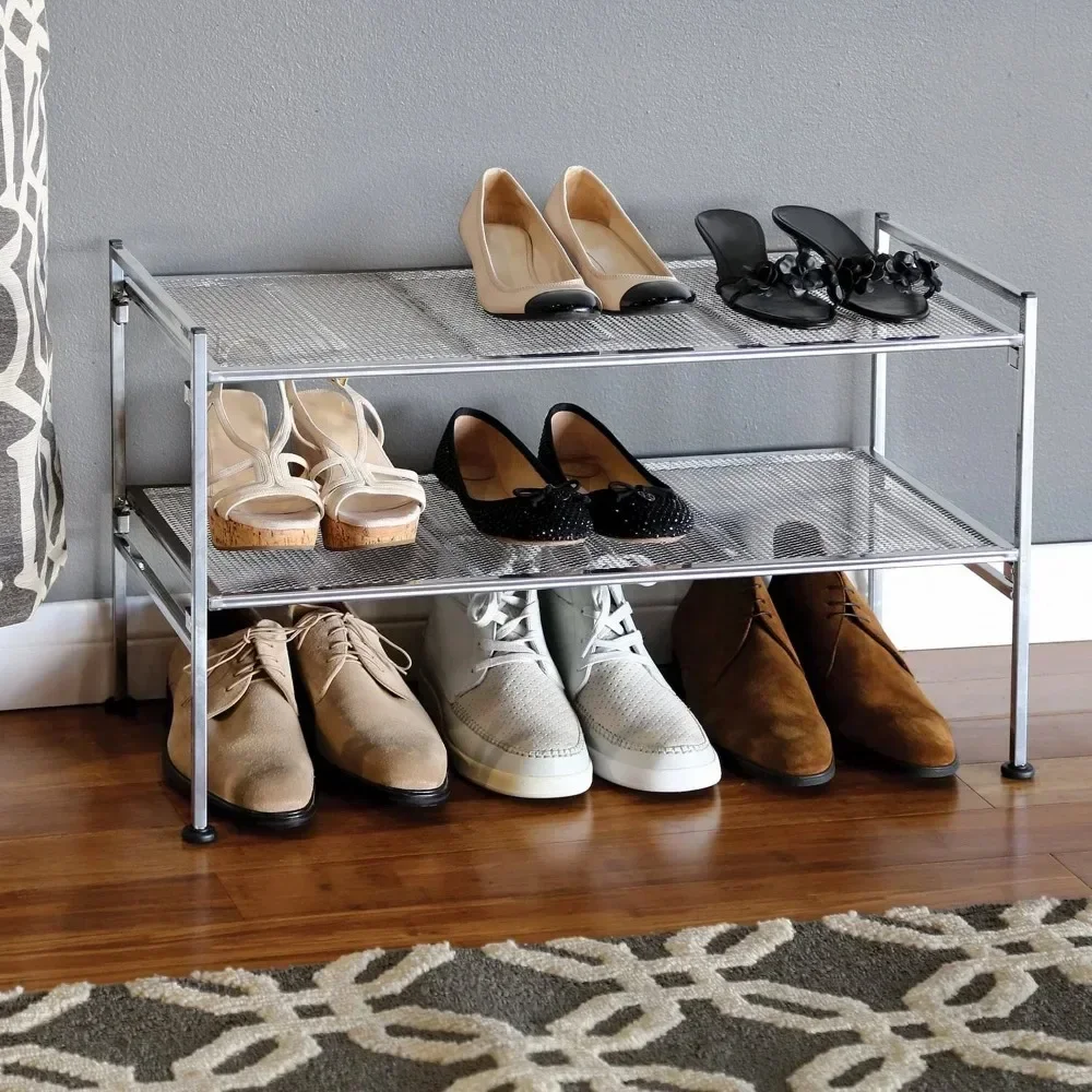 

2 layers can be stacked with 9 pairs of metal mesh shoe rack storage rack shoe rack to store shoes, silver mesh