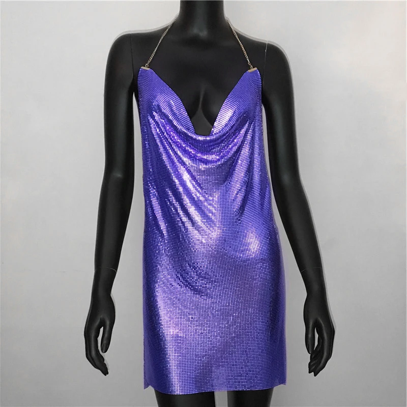 2023 Sexy Clubwear Backless Sequin Short Dress For Women Cocktail Metalic Split Mesh Harness Body Chain Club Low Cut Mini Dress