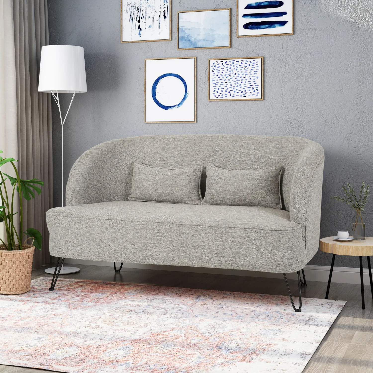 

Cozy and elegant upholstered love seat in charming light grey, perfect for small spaces and modern decor - Stylish and comfortab