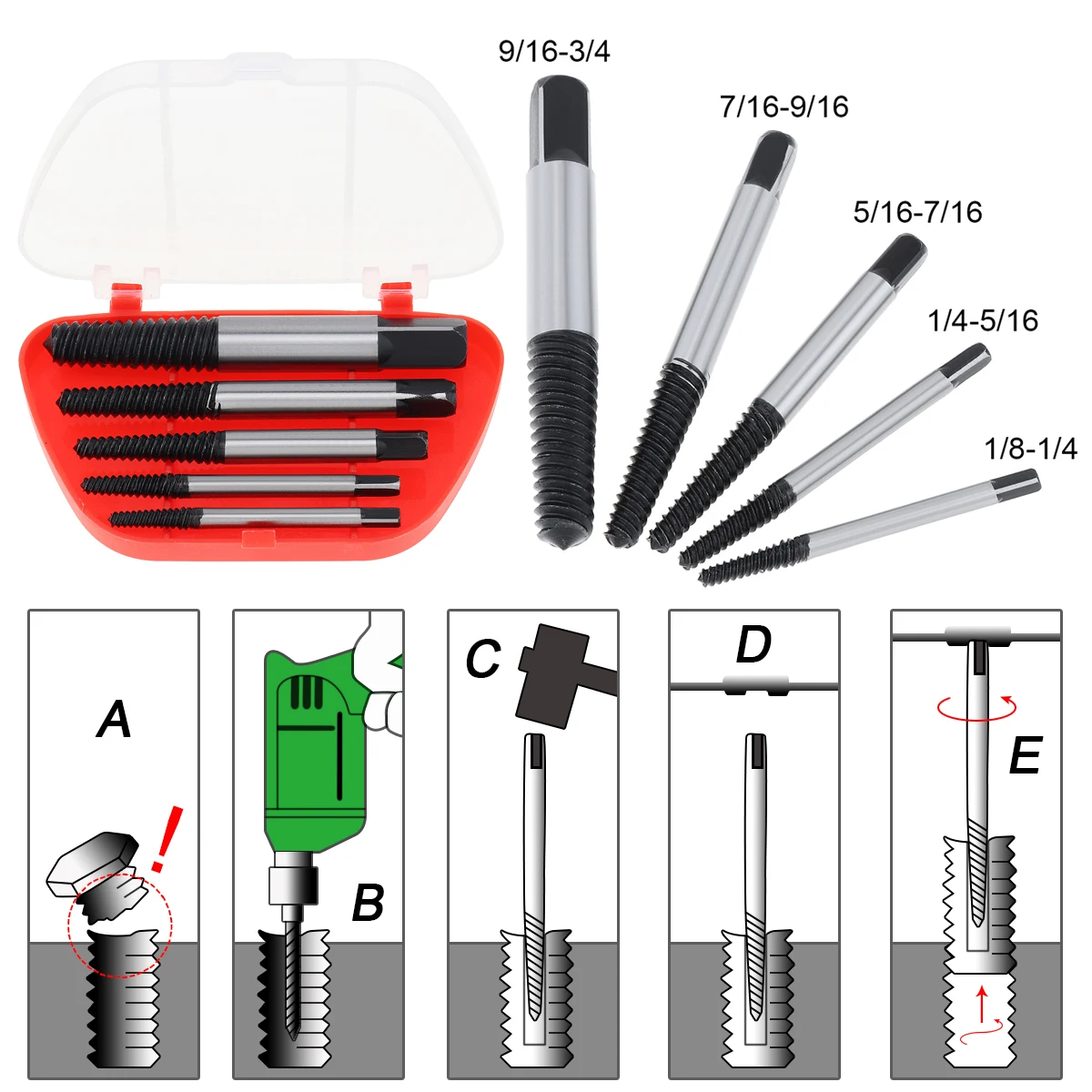 Extractores de tornillos de 5 piezas, juego de guía de brocas centrales, removedor de pernos dañados rotos, vástago hexagonal y llave inglesa, velocidad de extracción, juego fácil