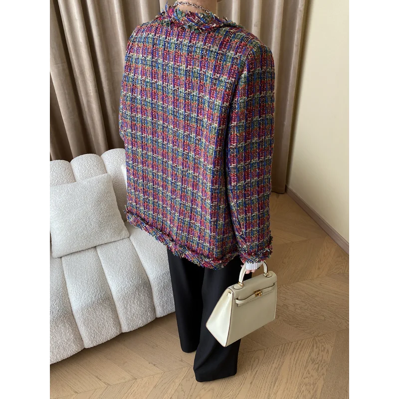 Women French Red Plaid Tweed Coat High Quality Vintage Korean Fashion Tassels Loose Casual Elegant Office Small Fragrance Jacket
