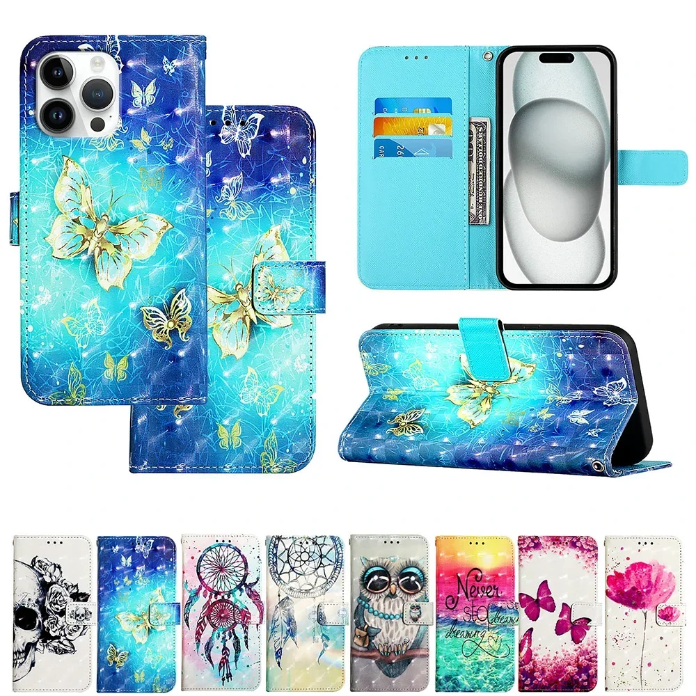 Cute Painted PU Leather Flip Wallet Book Cover with Card Holder & Strap