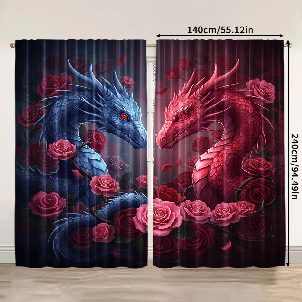 2pcs, spring summer Curtains Pink Dragon Rose Art Digital Print Drapes Polyester Woven Outdoor Decorations Ldeal for Kitchen 3