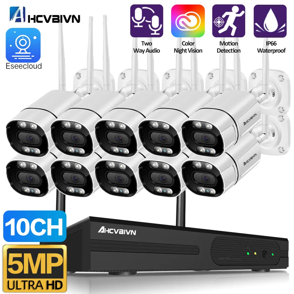 

ESeeCloud 5MP WIFI Security System 10CH 8CH Wireless NVR Recorder Outdoor Color Night Camera Audio Wireless Surveillance System