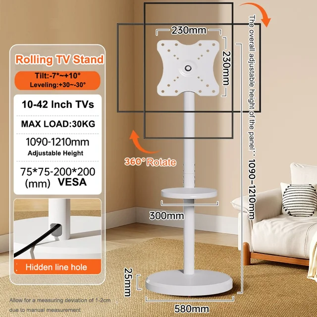Portrait to Landscape Heavy Duty Mobile TV Cart with Shelf VESA 200x200mm Height Adjustable Rolling TV Stand for 10-42 Inch TVs 2