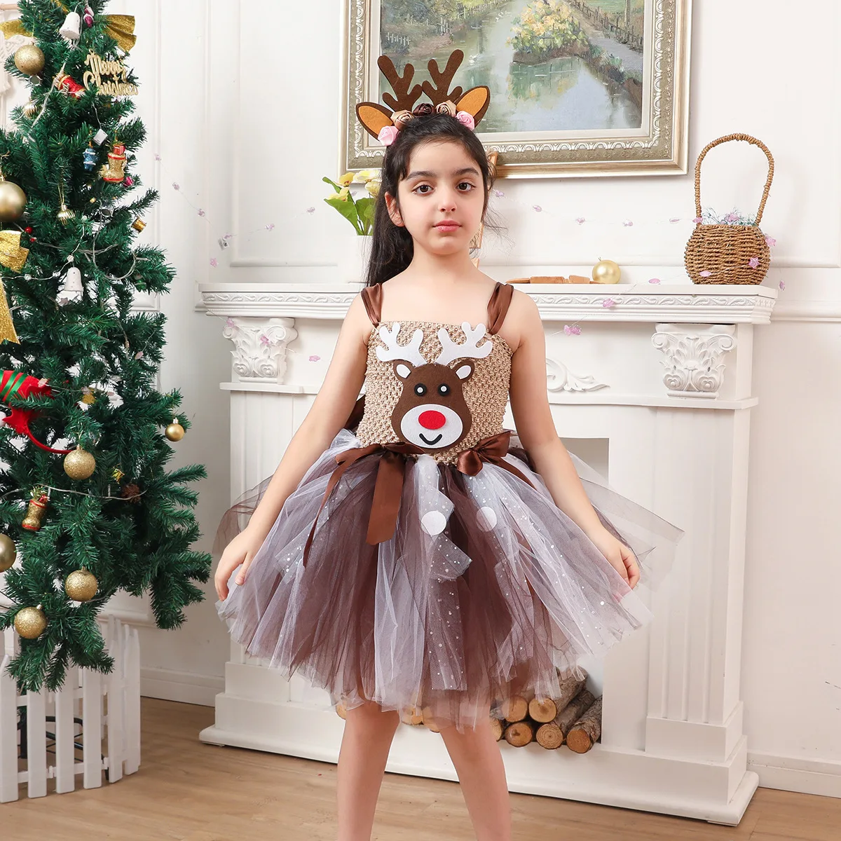 

Deer Costume for Girls Christmas Party Tutu Dress Gifts Elk Reindeer Cosplay Xmas Clothes Outfits Kids Halloween Purim Clothes