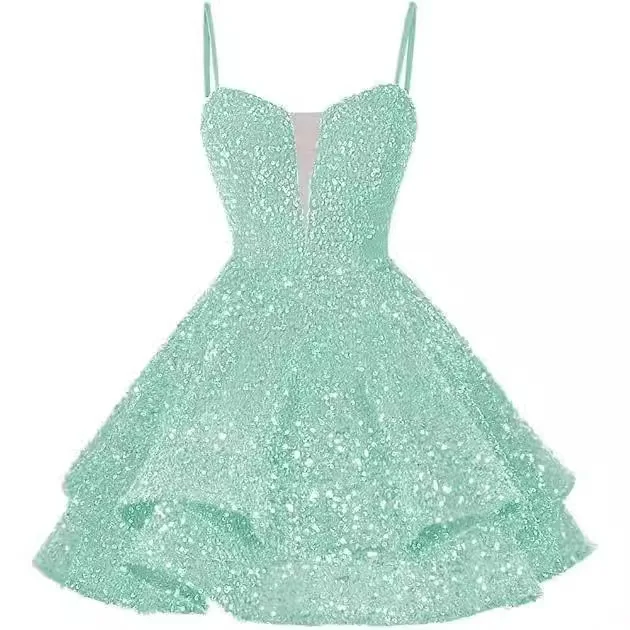 Spaghetti Strap Cocktail Gown Short Mini Skirt Sequined Party Dresses