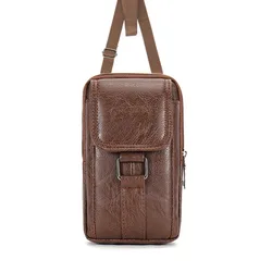 Large Capacity Double - Layer Phone Pouch with Strap and Metal Buckle (Dark Brown)