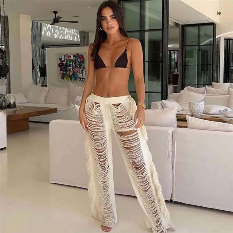 

SUOCHAO Summer Women's New Sexy Hollow Vest Tassel Street Shooting Slim-fit Straight Casual Pants Set