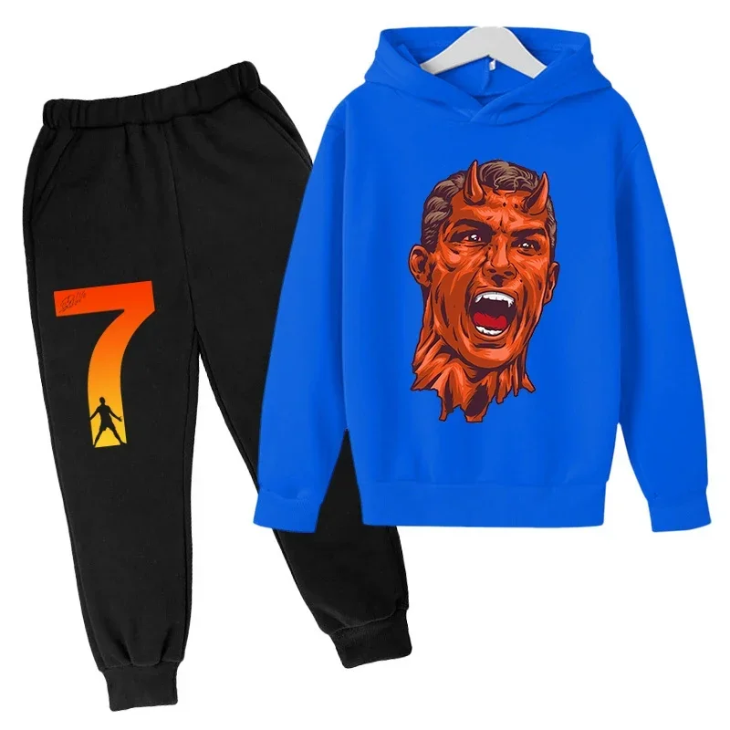 thumbnail image 1 of Conjunto de sudadera con capucha de primavera de Ronaldo, conjunto de 2 piezas de sudadera y pantalones azules informales para niños, ropa deportiva informal, chándal para niños, 1 of 5
