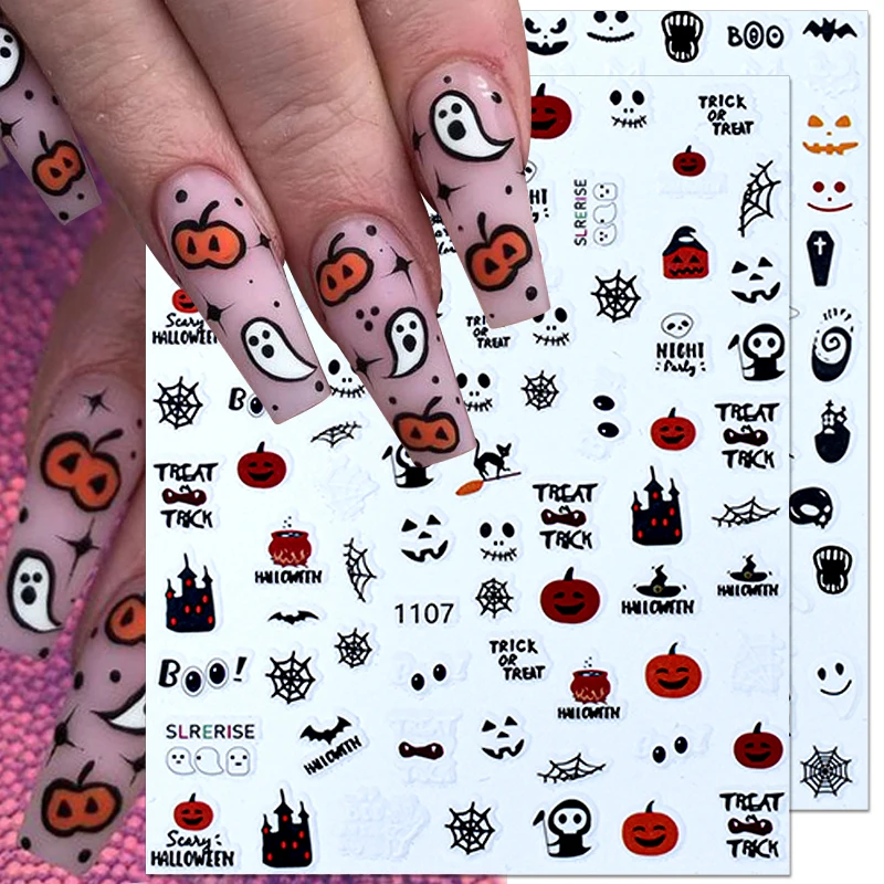 

3D Halloween Nail Stickers Pumpkin Spider Skeleton Skull Bat Scary Nail Decals Self-Adhesive Holiday DIY Decoration Tools