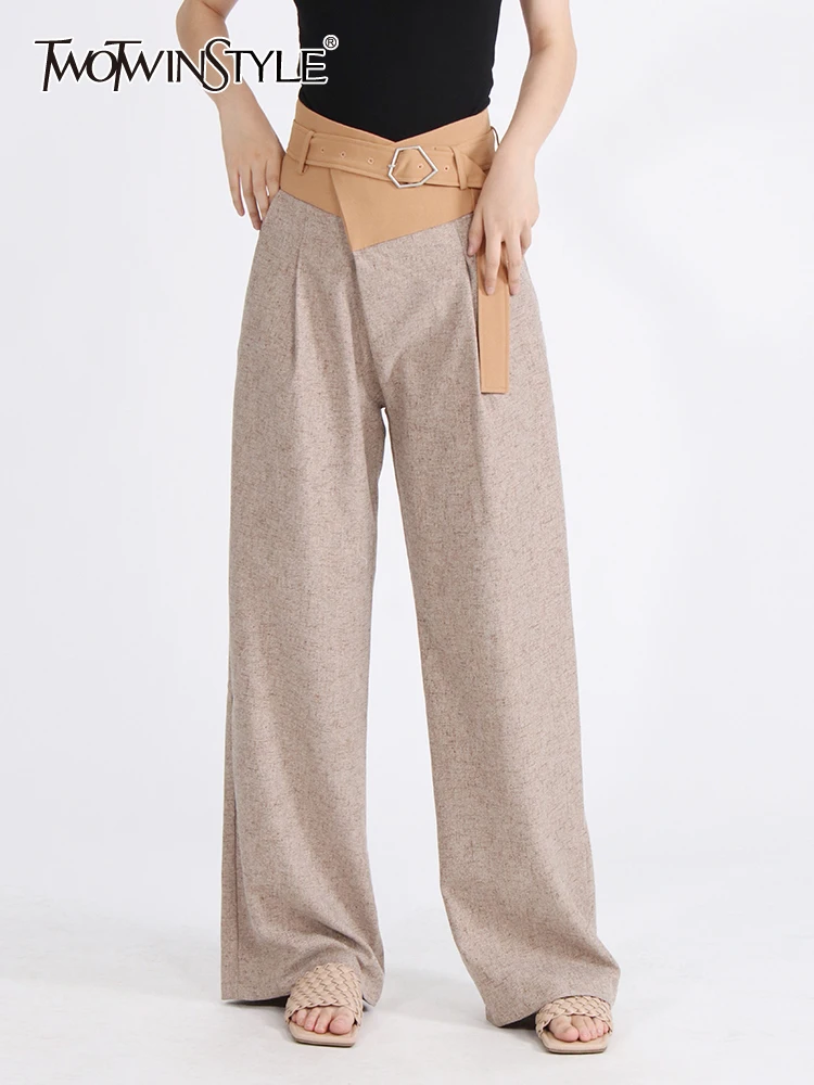 

TWOTWINSTYLE Colorblock Spliced Belt Pants For Women High Waist Patchwork Button Casual Loose Wide Leg Pant Female Fashion Style
