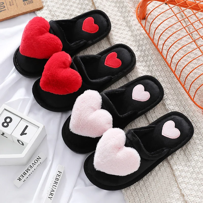 2023 New Arrival Cute Heart Women Warm Slippers Winter Ladies Anti-slip Soft Fur Shoes House Indoor Plush Slippers