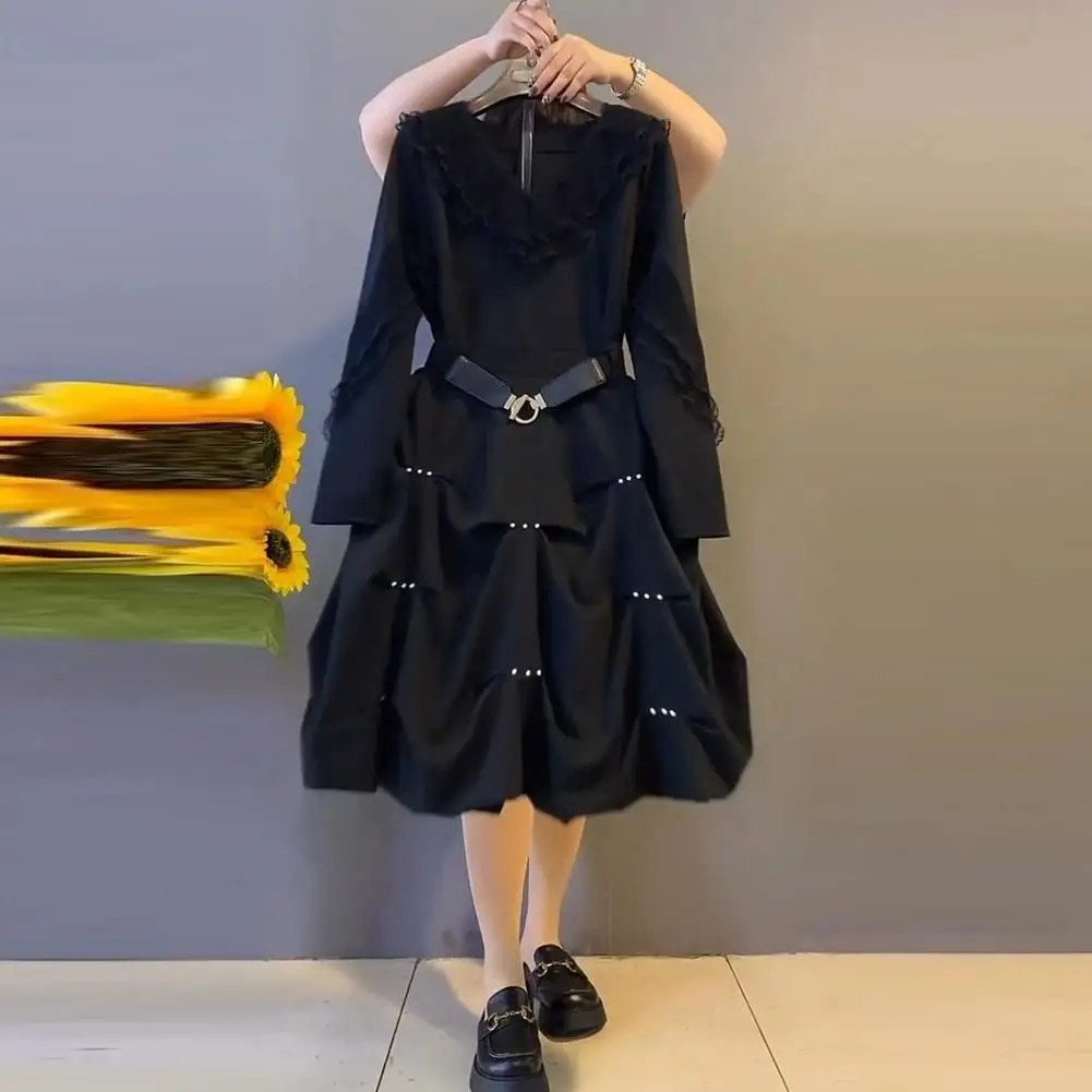 

2023 New Black Elegant Dress Women Vintage Long Sleeve Spring Autumn Dresses V Neck Oversize Loose Casual Robe Streetwear V433