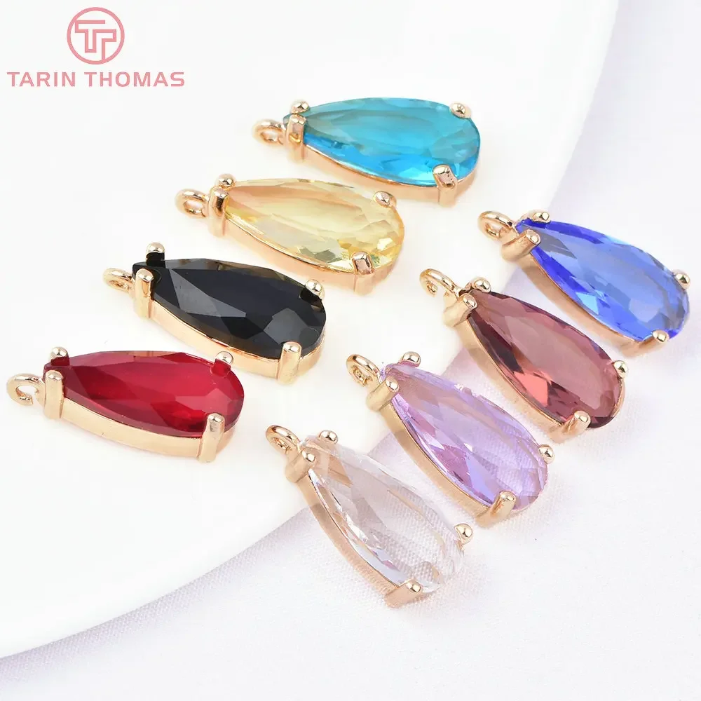 

(8371) 6PCS 7.5x18.5MM 24K Gold Color Brass with Glass Water Drop Shaped Pendants High Quality Diy Jewelry Making Findings