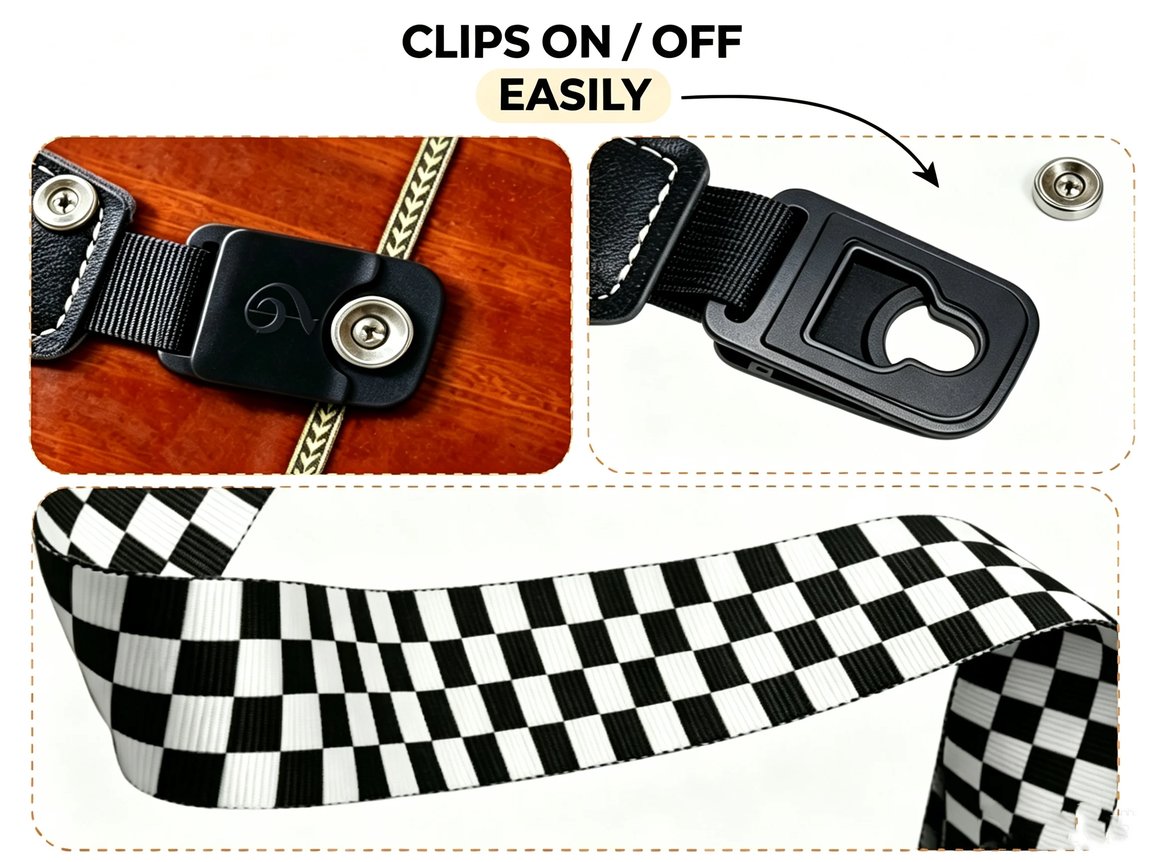 Premium Quick-Release Anti-Drop Guitar Strap, Black White Grid Design
