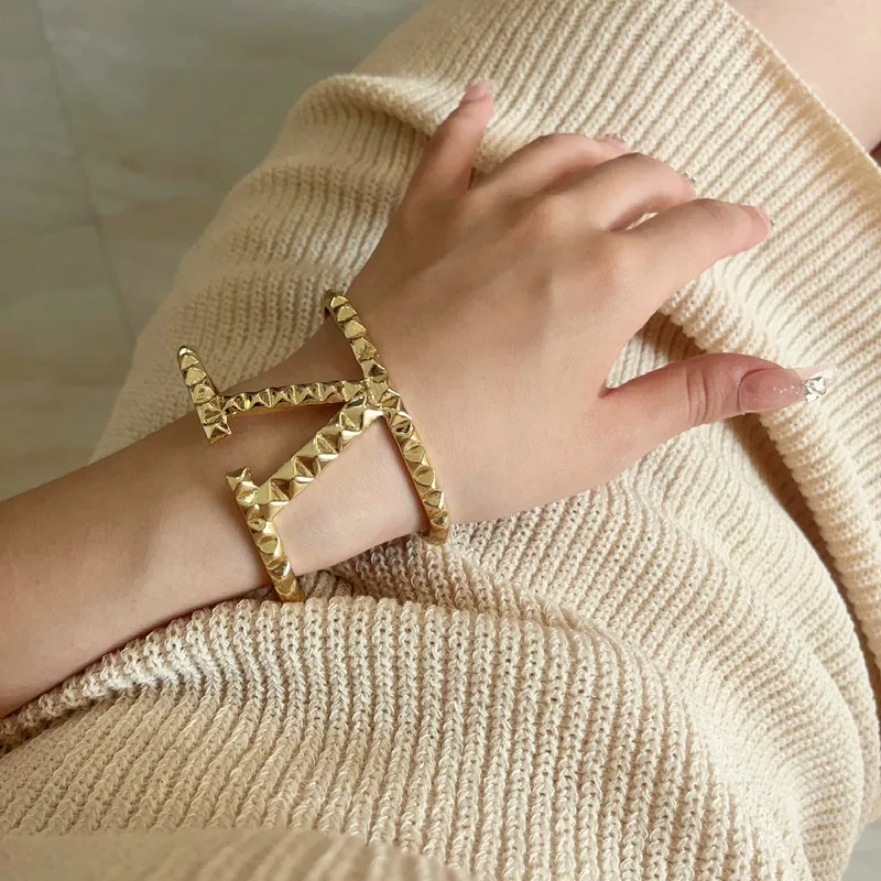 Fashion Heavy Metallic Big Statement Letter Wide Cuff Bracelets Bangles For Women Double Layers Punk Open Bracelet metal bracelet